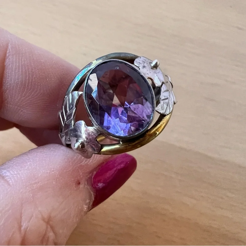 VINTAGE AMETHYST RING 925 STERLING SILVER TRI COLOR